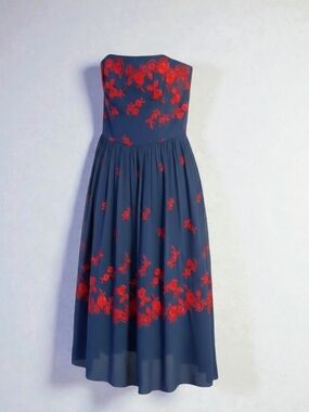 Vintage Y2K Betsey Johnson Blue Silk Red Floral Embroidery